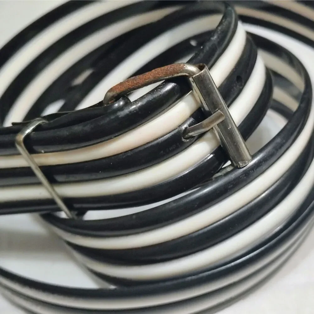 80s Mod Molded PVC Belt Black White Stripes Pull Through Buckle 38 - 40 Inches